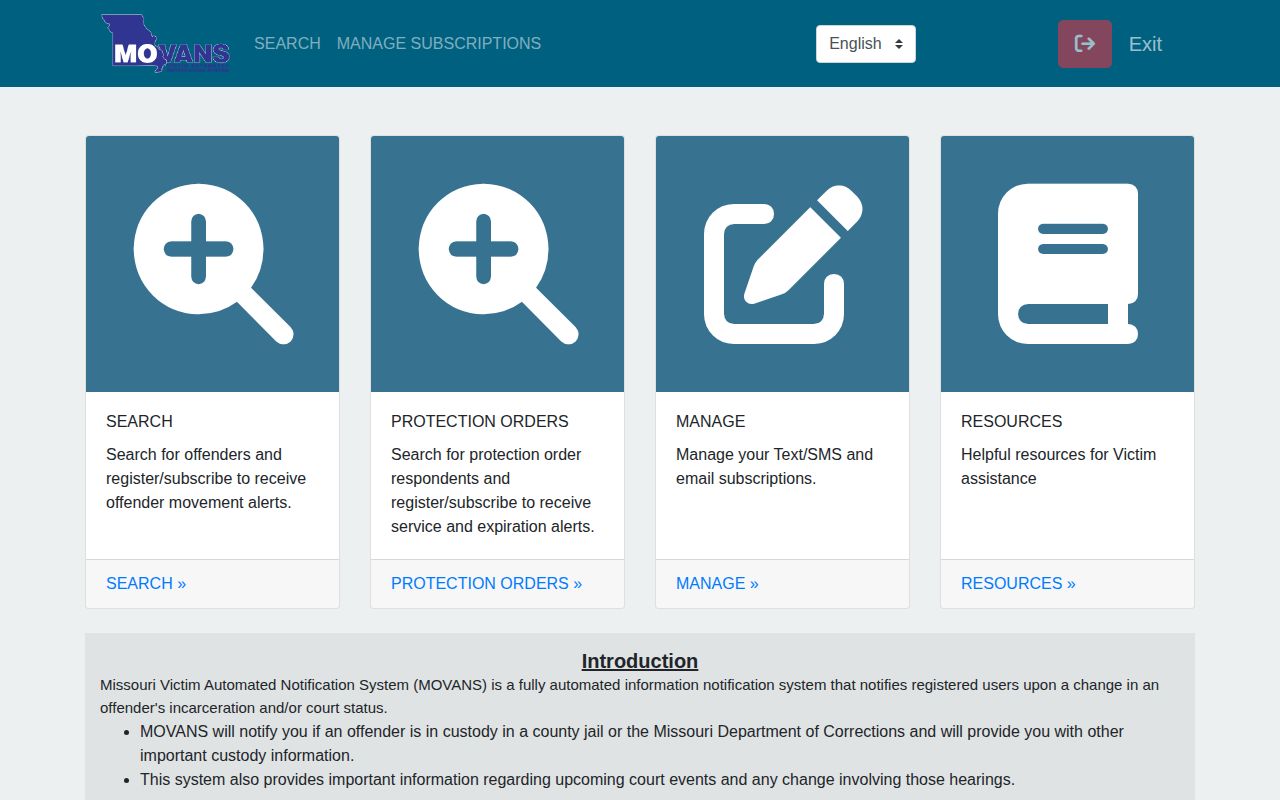 Current Missouri MOVANS public custody search and registration screen
