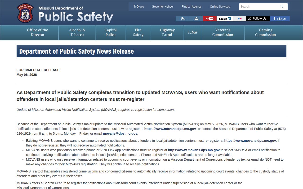 Missouri DPS May 2026 MOVANS alert transition notice