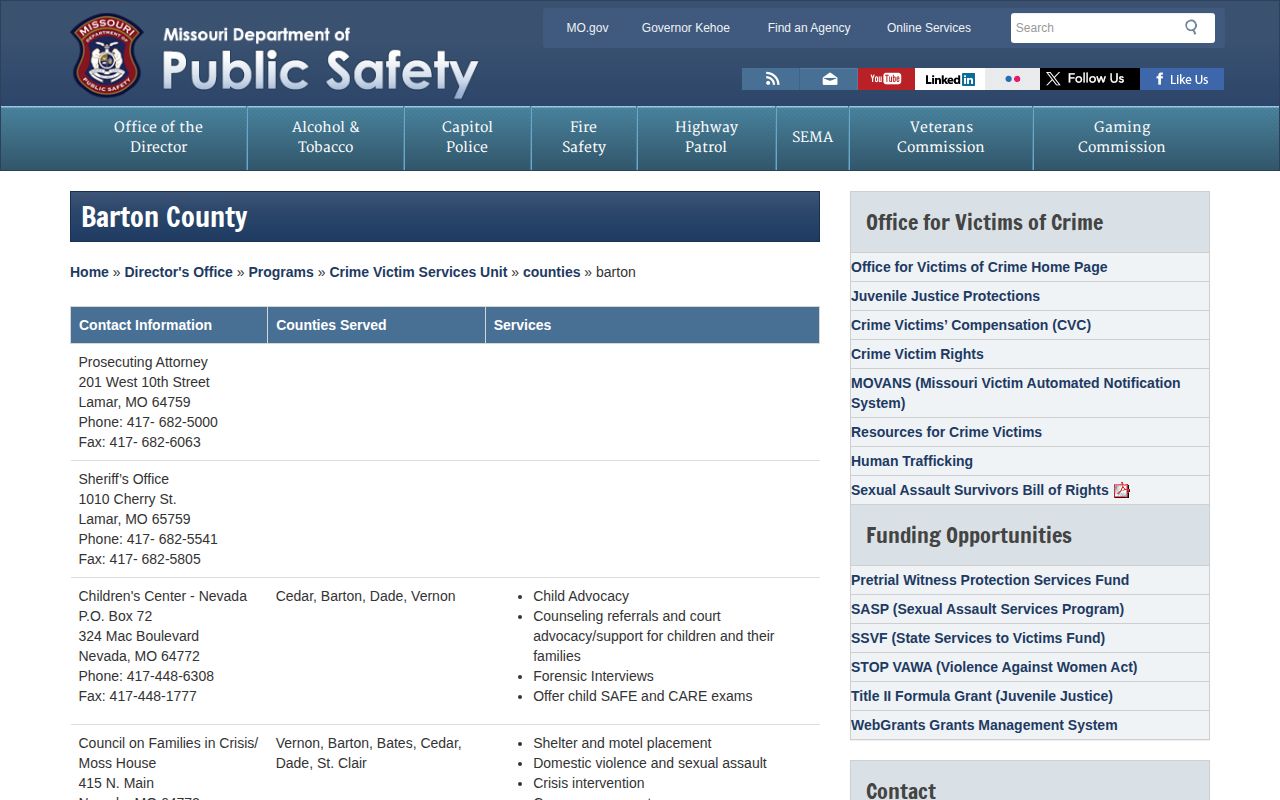 Missouri DPS Barton County victim services and sheriff contact page