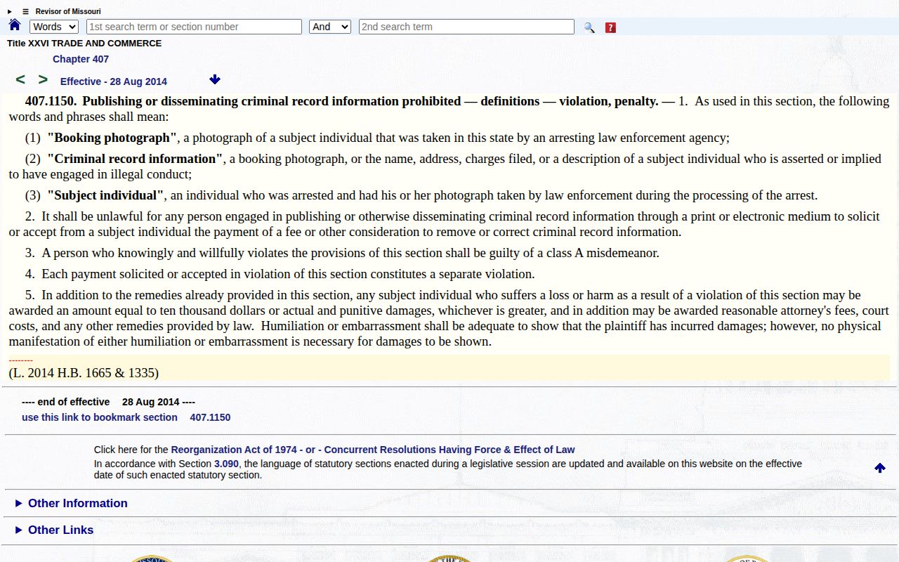 Missouri law concerning payment to remove booking photographs