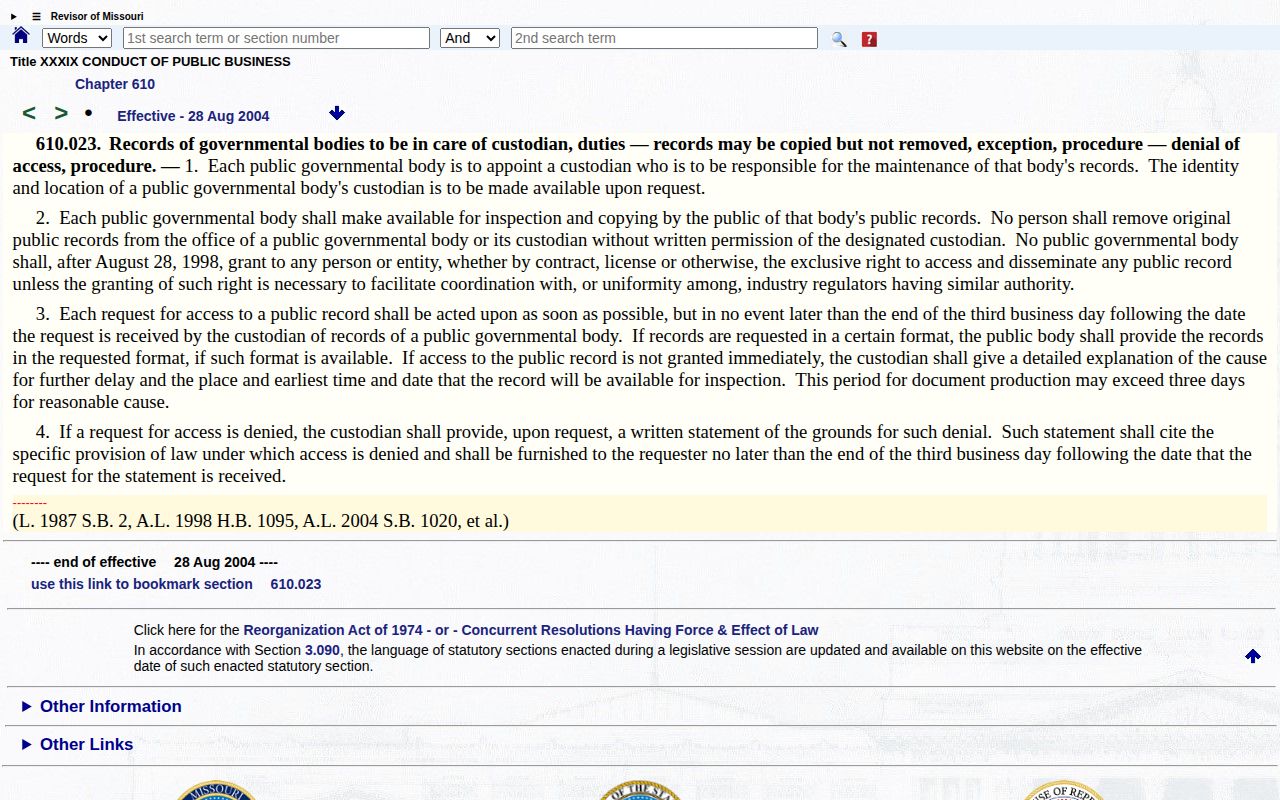 Missouri Sunshine Law record custodian and request timing provision
